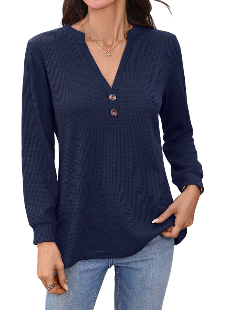 JennsThreads Women's Waffle Knit V Neck Henley Top in Navy Blue