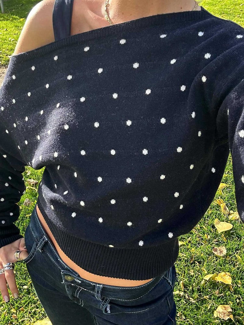 JennsThreads Women's Polka Dot Off the Shoulder Knit Pullover in Navy, view 6