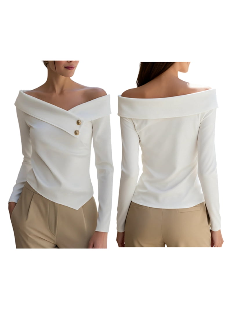 JennsThreads Women's Fold Over V Neck Off the Shoulder Top in White, view 3