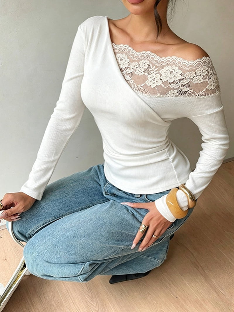 JennsThreads Women's Asymmetric Off the Shoulder Top with Lace Panel in White, view 6