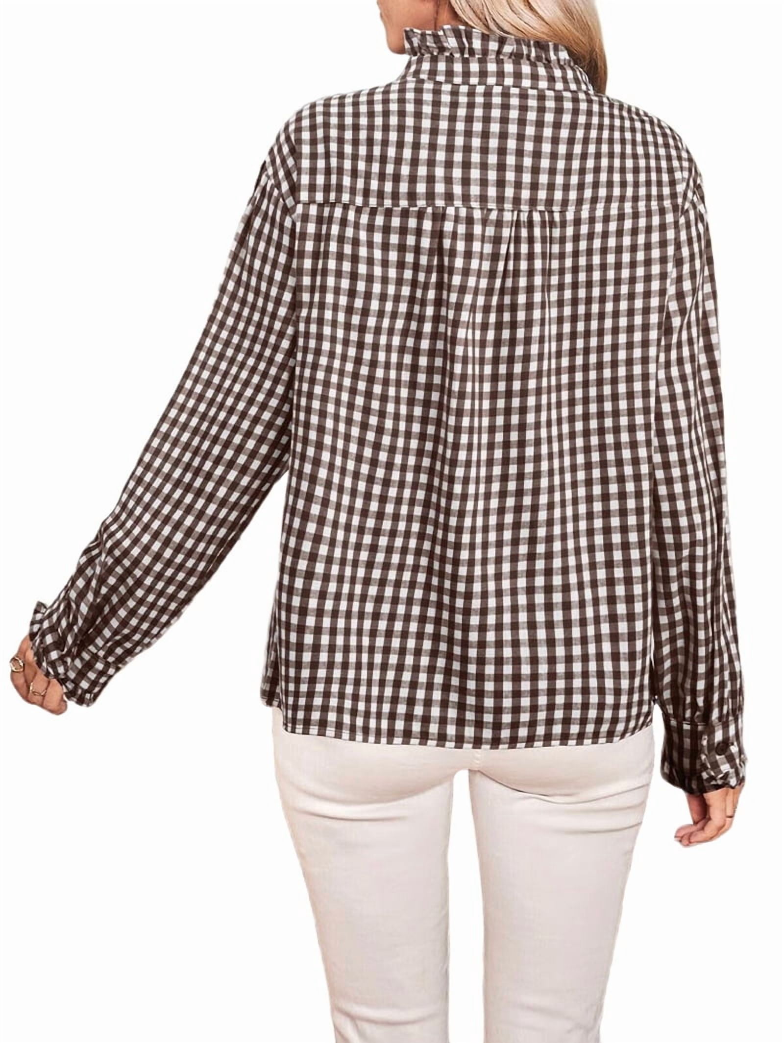 JennsThreads Women's Gingham Ruffle V Neck Button Down Shirt in Brown, view 3
