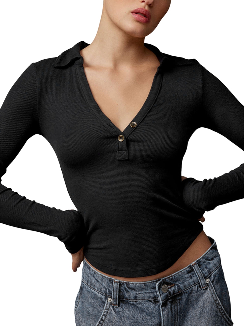 JennsThreads Women's Ribbed Collared V Neck Henley Top in Black, view 2