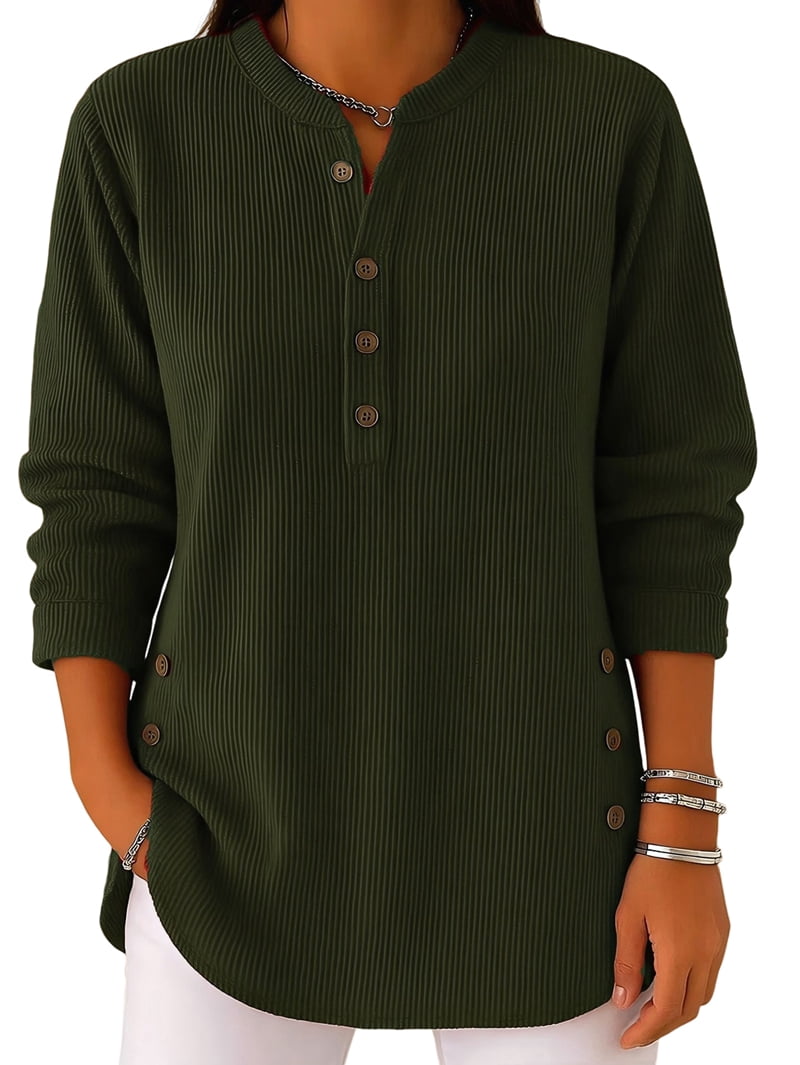 JennsThreads Women's Ribbed Henley Tunic with Side Button Hem in Army Green