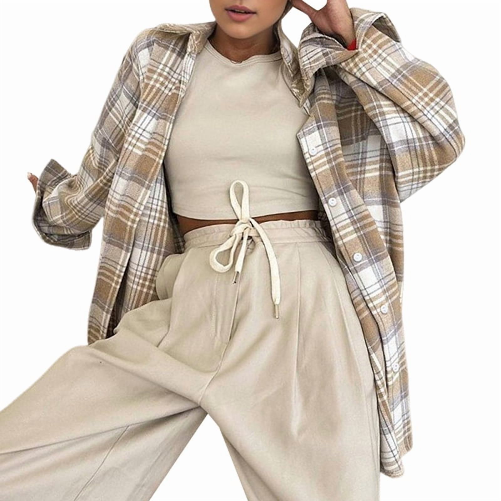 JennsThreads Women's Oversized Plaid Button Down Shirt in Cream, view 2