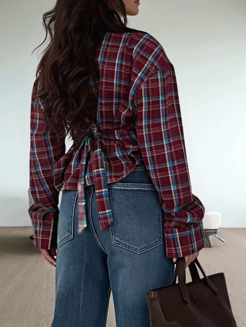 JennsThreads Women's Plaid Shirt with Tie Back Waist in Wine Red, view 8