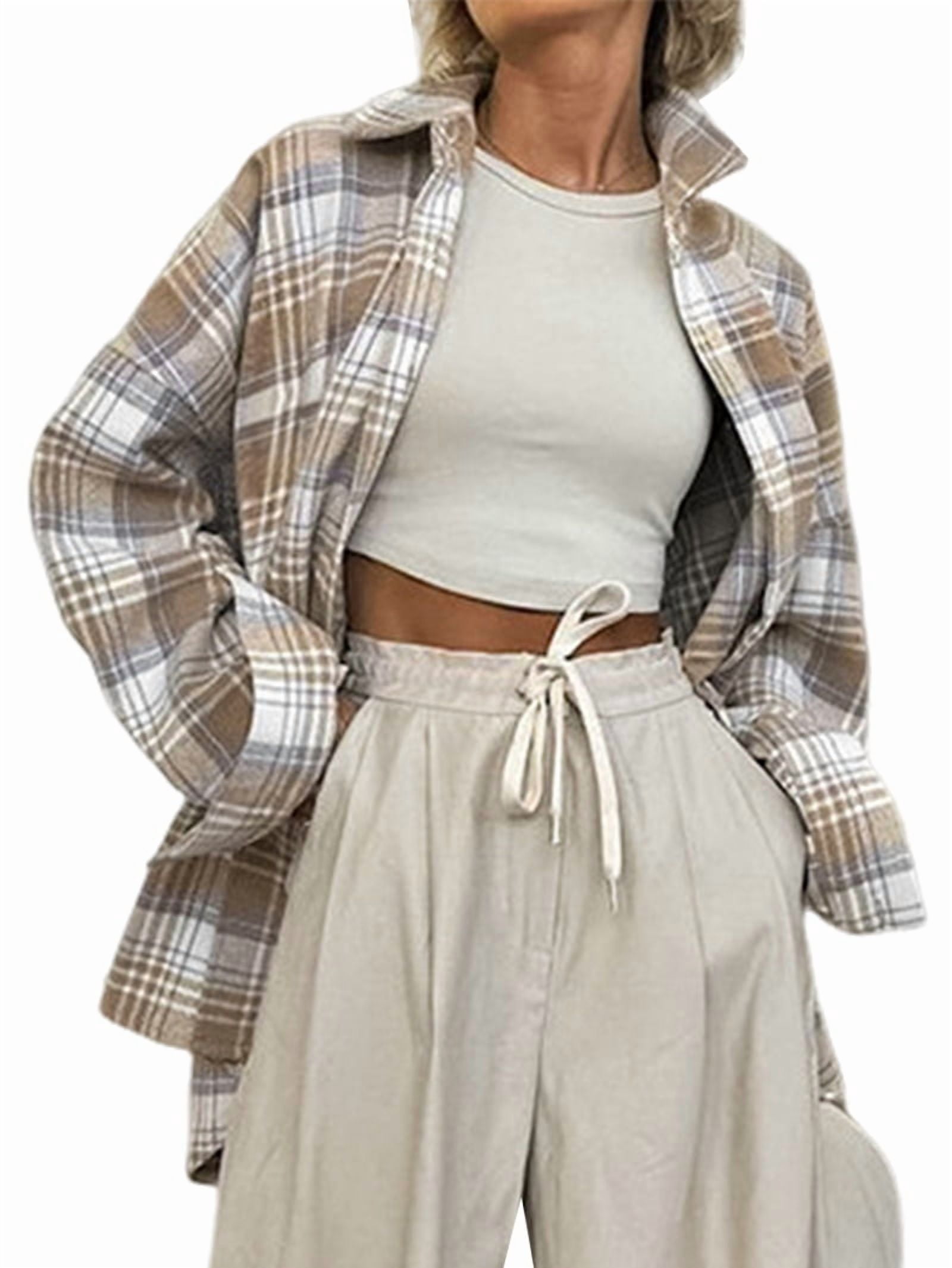 JennsThreads Women's Oversized Plaid Button Down Shirt in Cream, view 3
