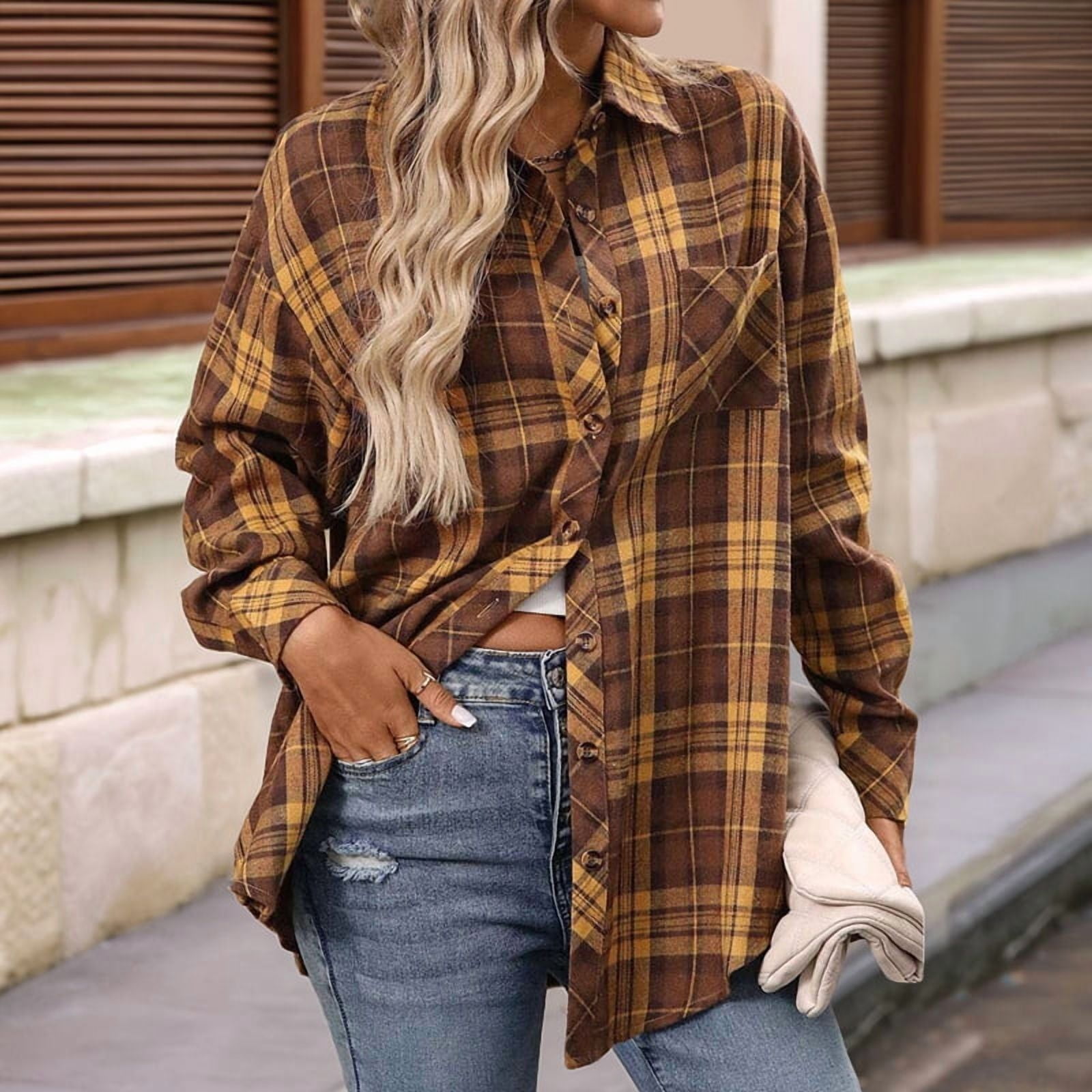 JennsThreads Women's Oversized Plaid Flannel Shirt in Mustard, view 4