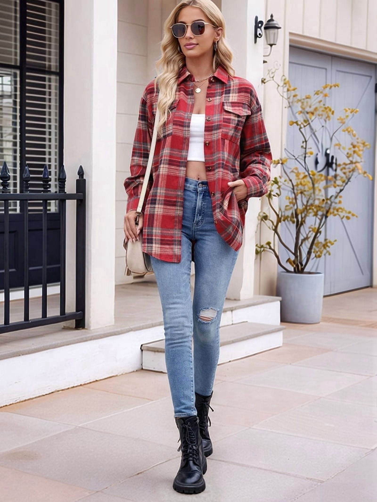 JennsThreads Women's Classic Plaid Flannel Shirt in Red and Khaki, view 7
