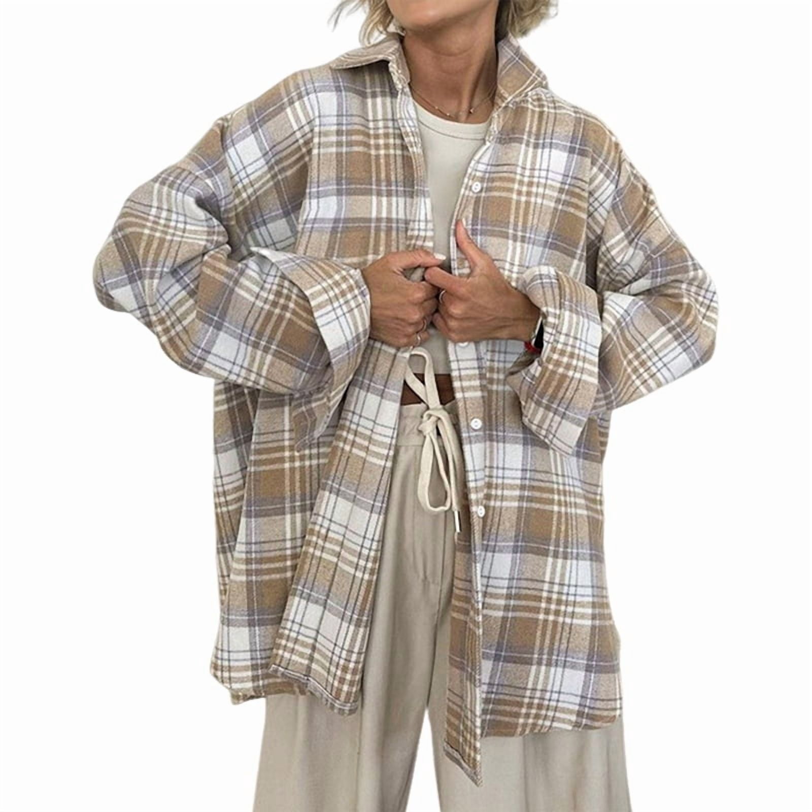 JennsThreads Women's Oversized Plaid Button Down Shirt in Cream