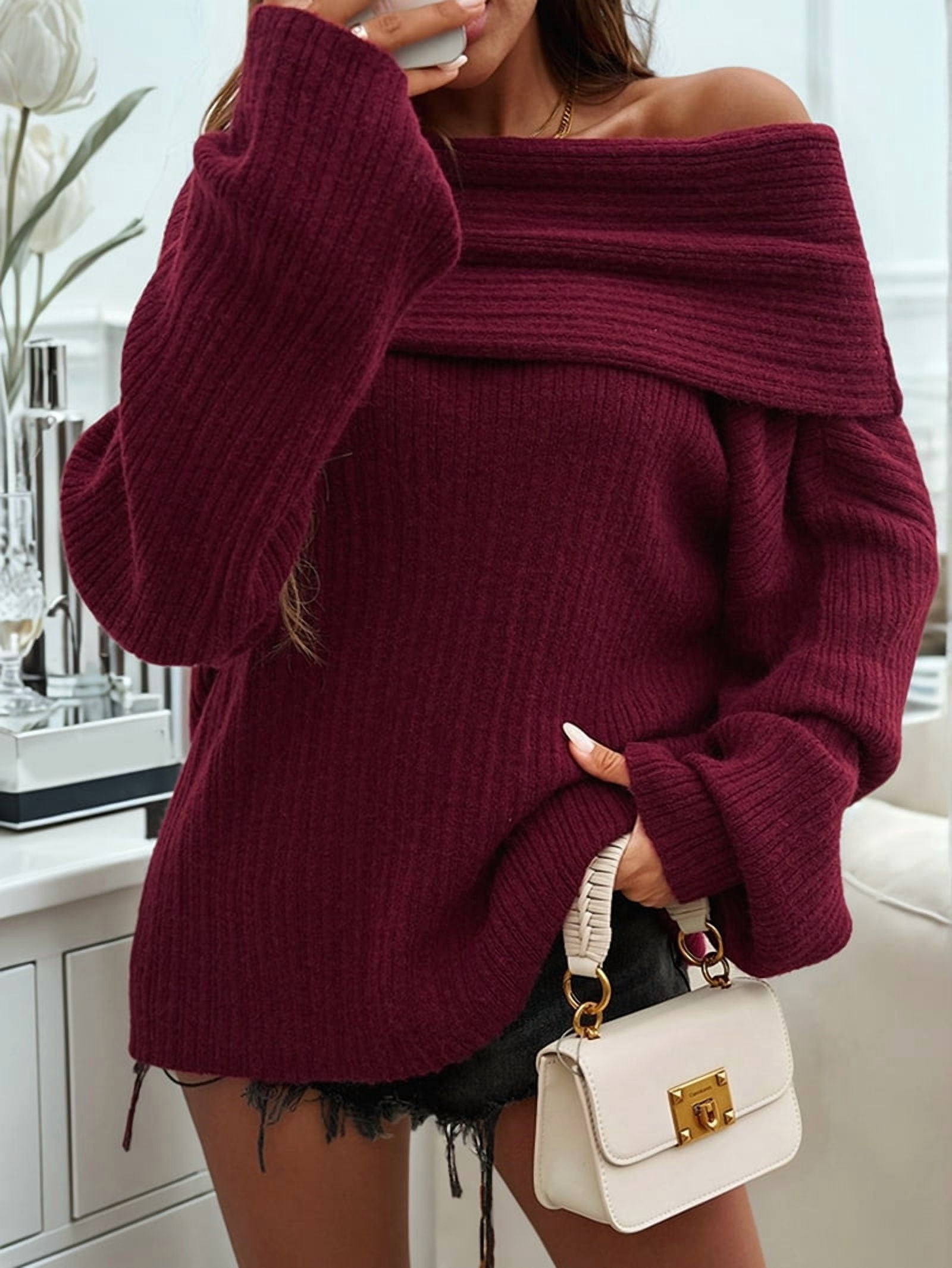 JennsThreads Women's Fold Over Off the Shoulder Sweater in Wine Red, view 5