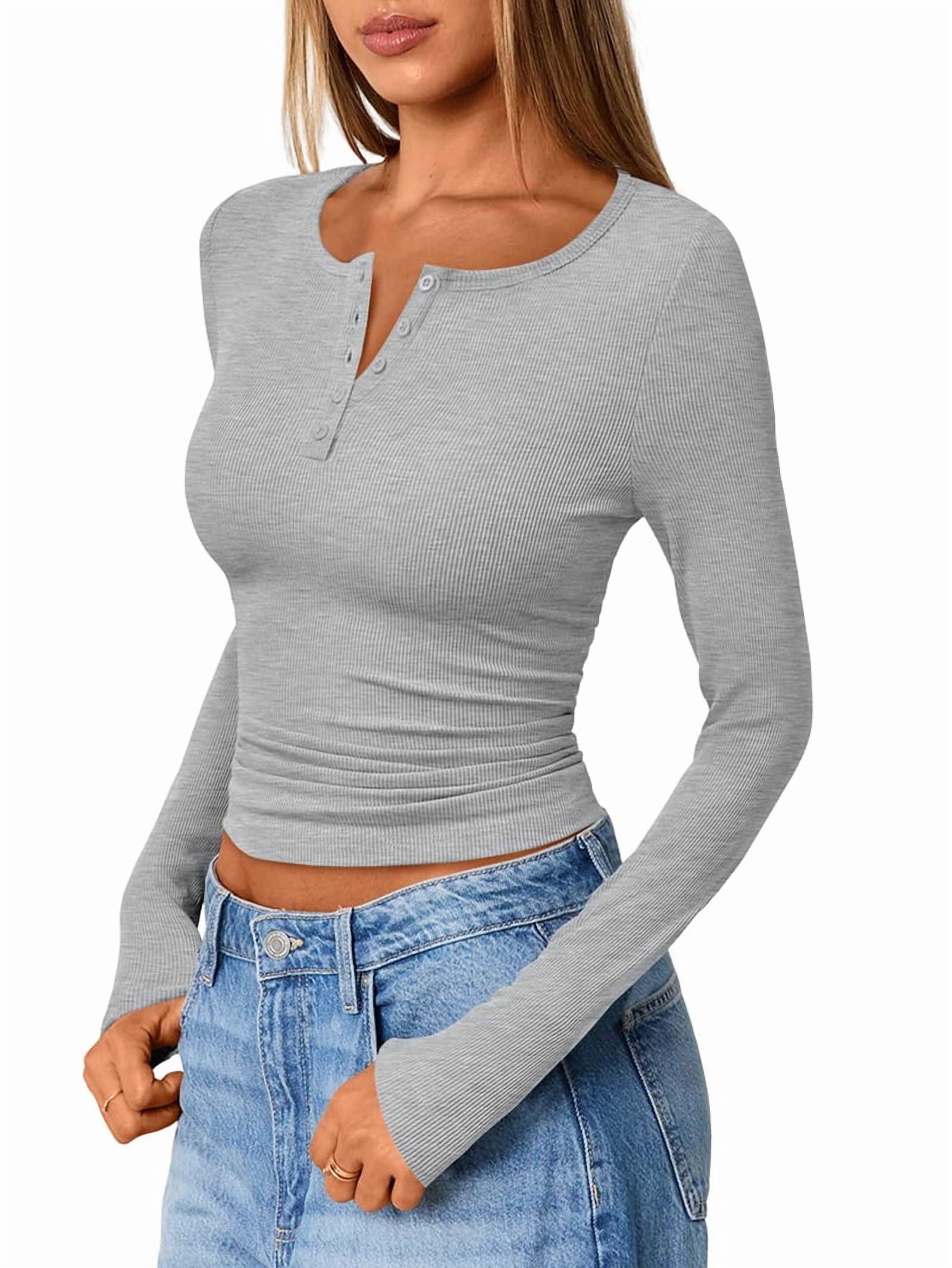 JennsThreads Women's Ribbed Fitted Henley Top in Gray, view 2