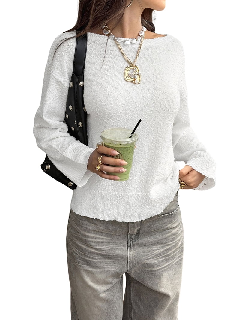 JennsThreads Women's Off the Shoulder Textured Knit Top in White