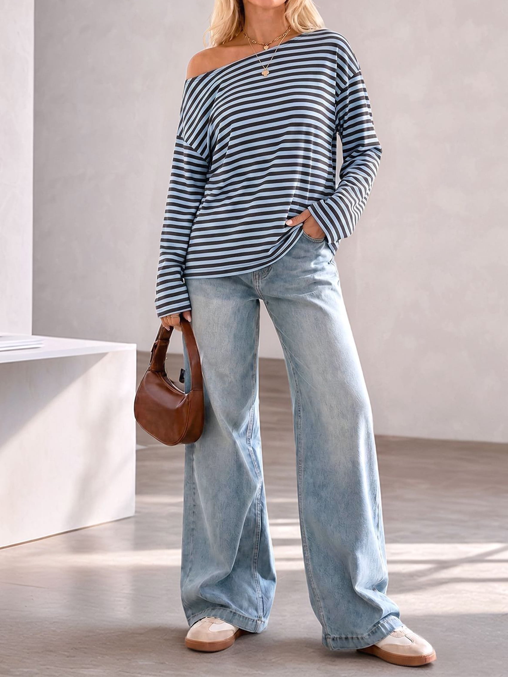 JennsThreads Women's Striped Off the Shoulder Long Sleeve Top in Blue, view 8