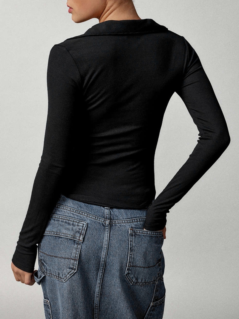 JennsThreads Women's Ribbed Collared V Neck Henley Top in Black, view 6