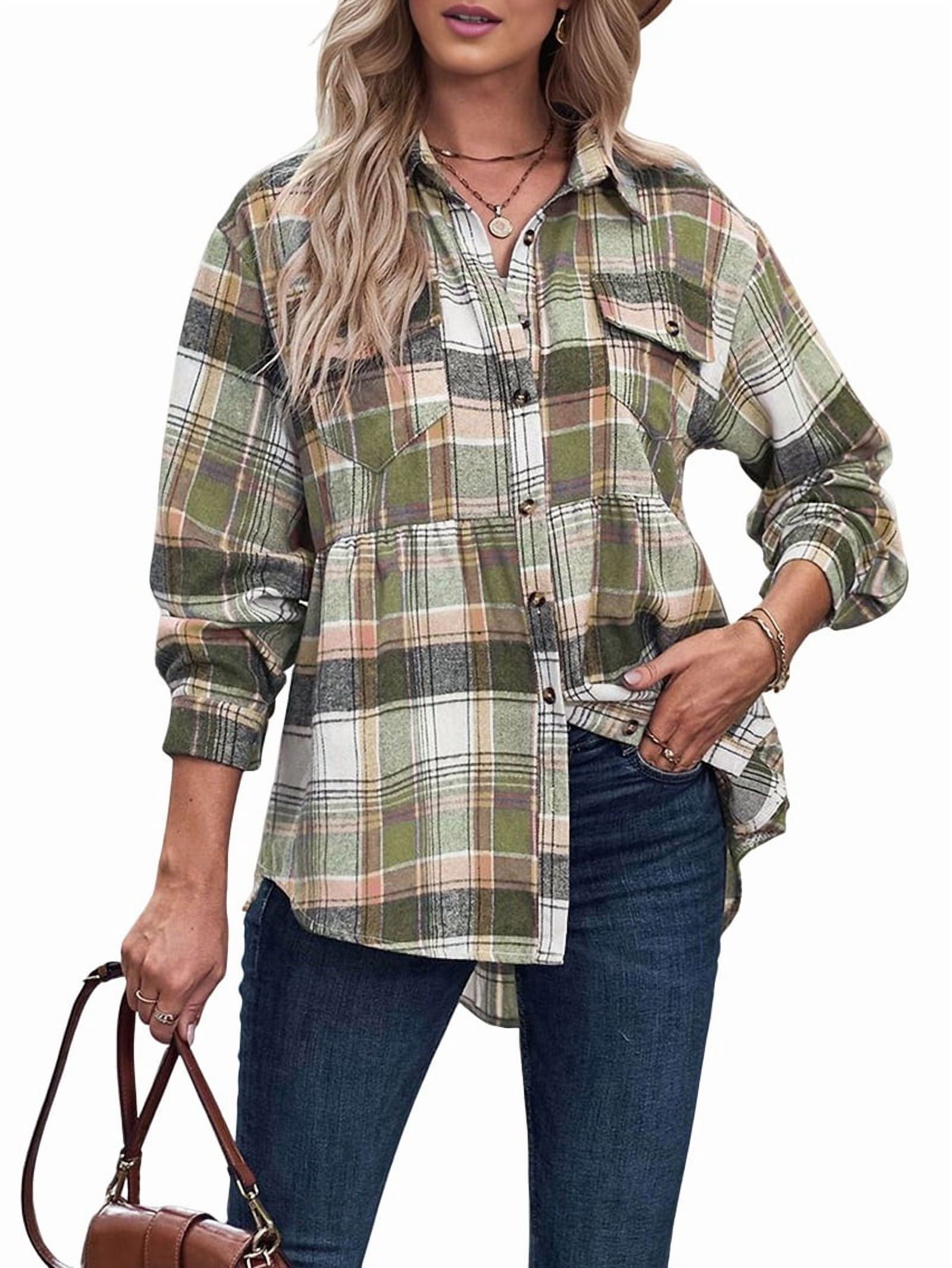 JennsThreads Women's Plaid Button Down Shirt with Peplum Back in Green