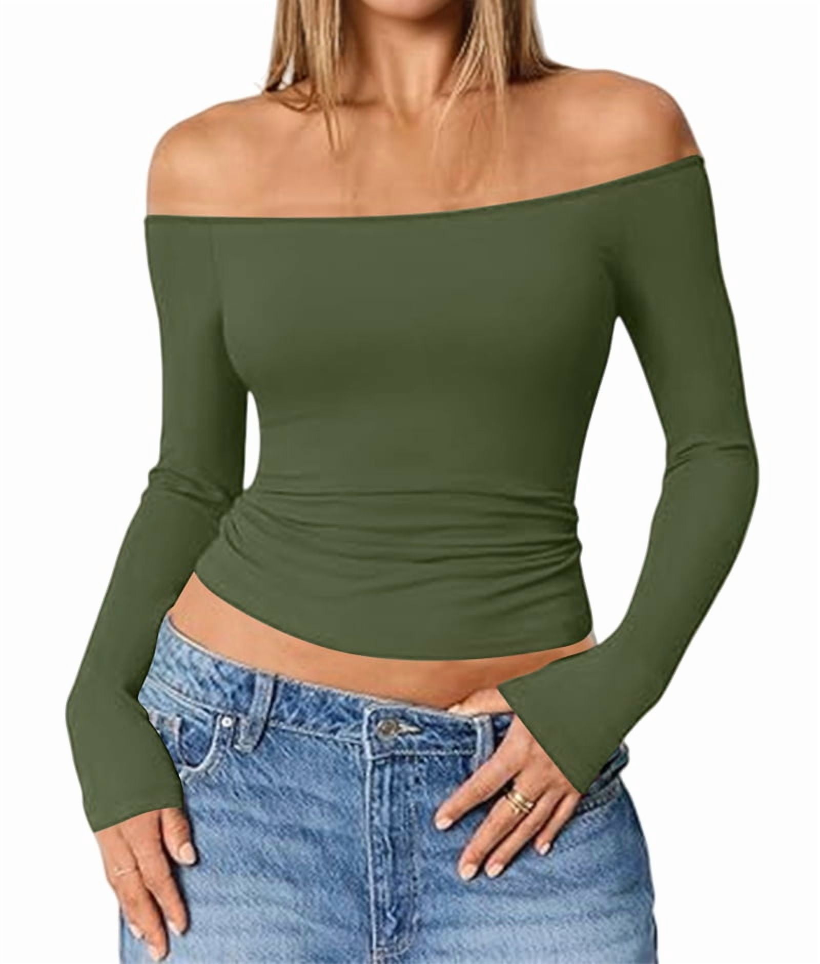 JennsThreads Women's Fitted Off the Shoulder Long Sleeve Top in Army Green, view 3