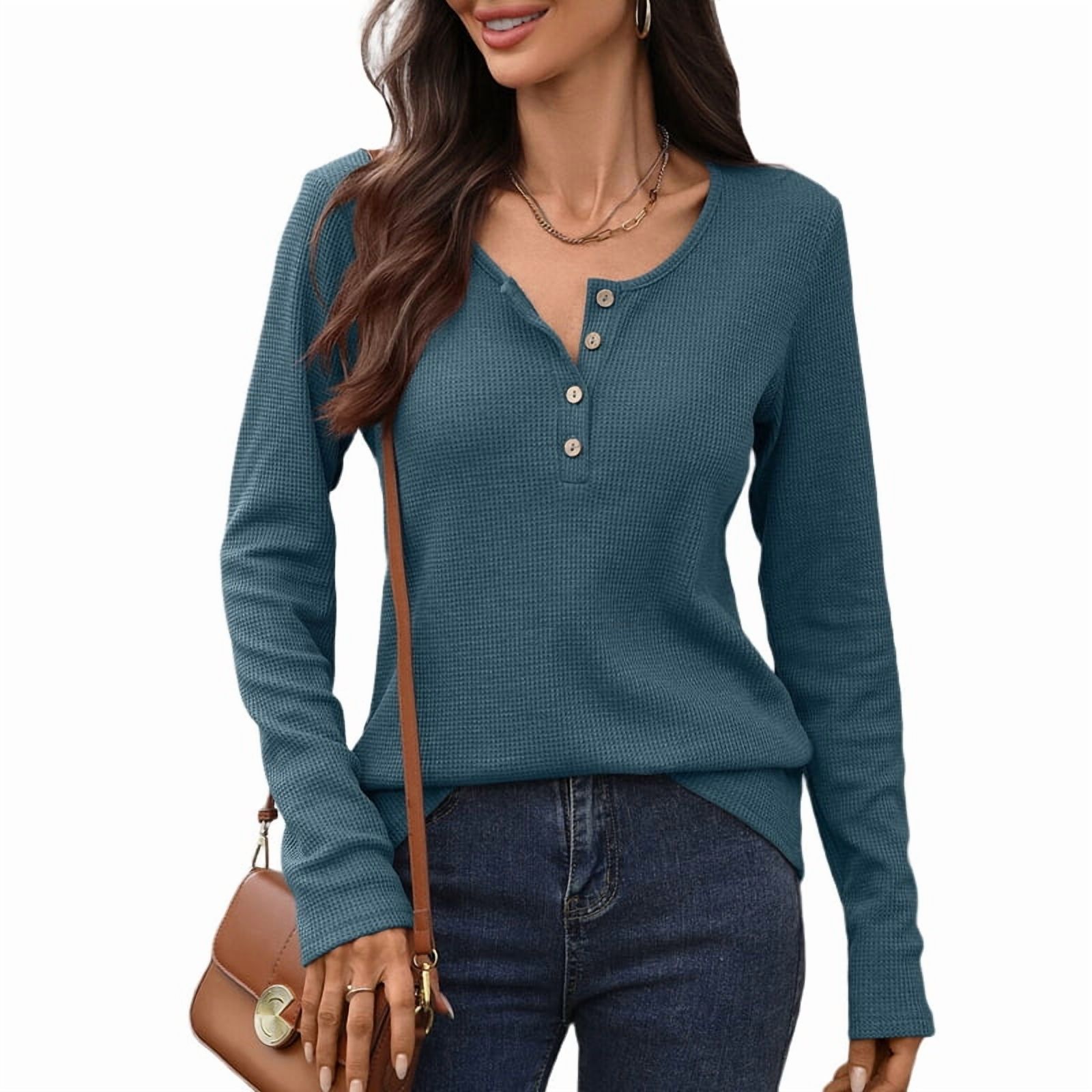 JennsThreads Women's Waffle Knit Button Front Henley Top in Blue Grey, view 2