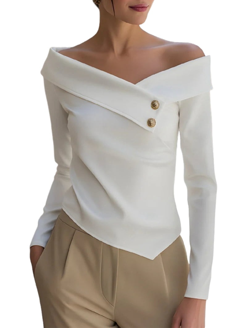 JennsThreads Women's Fold Over V Neck Off the Shoulder Top in White