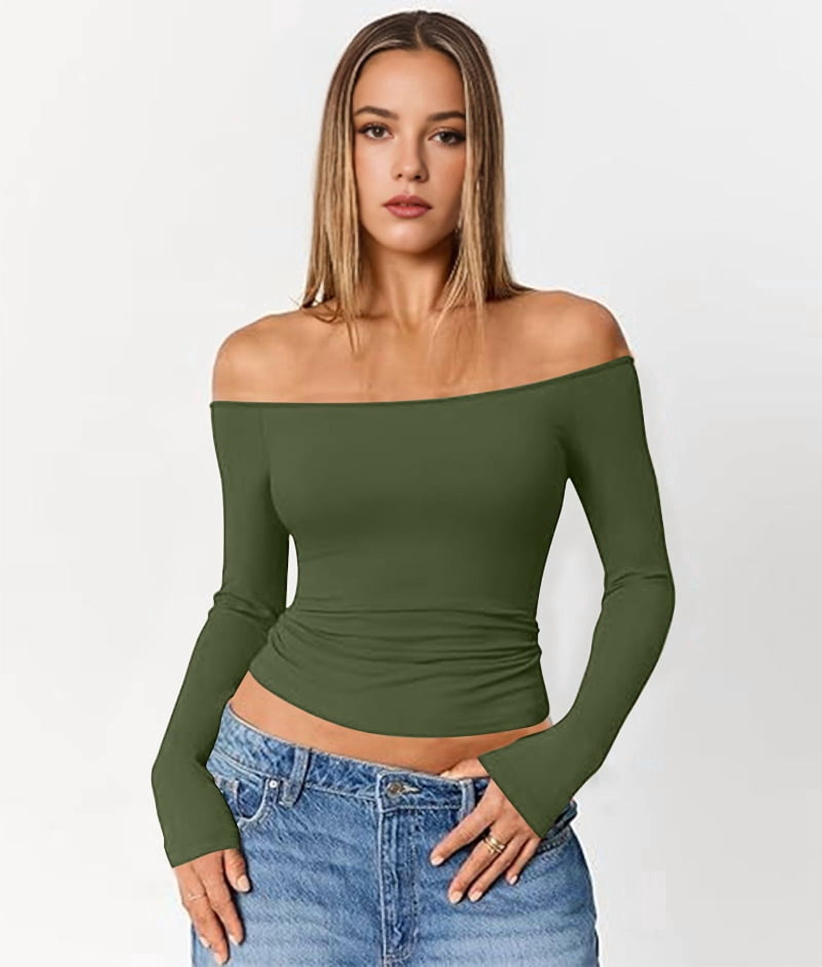 JennsThreads Women's Fitted Off the Shoulder Long Sleeve Top in Army Green, view 7