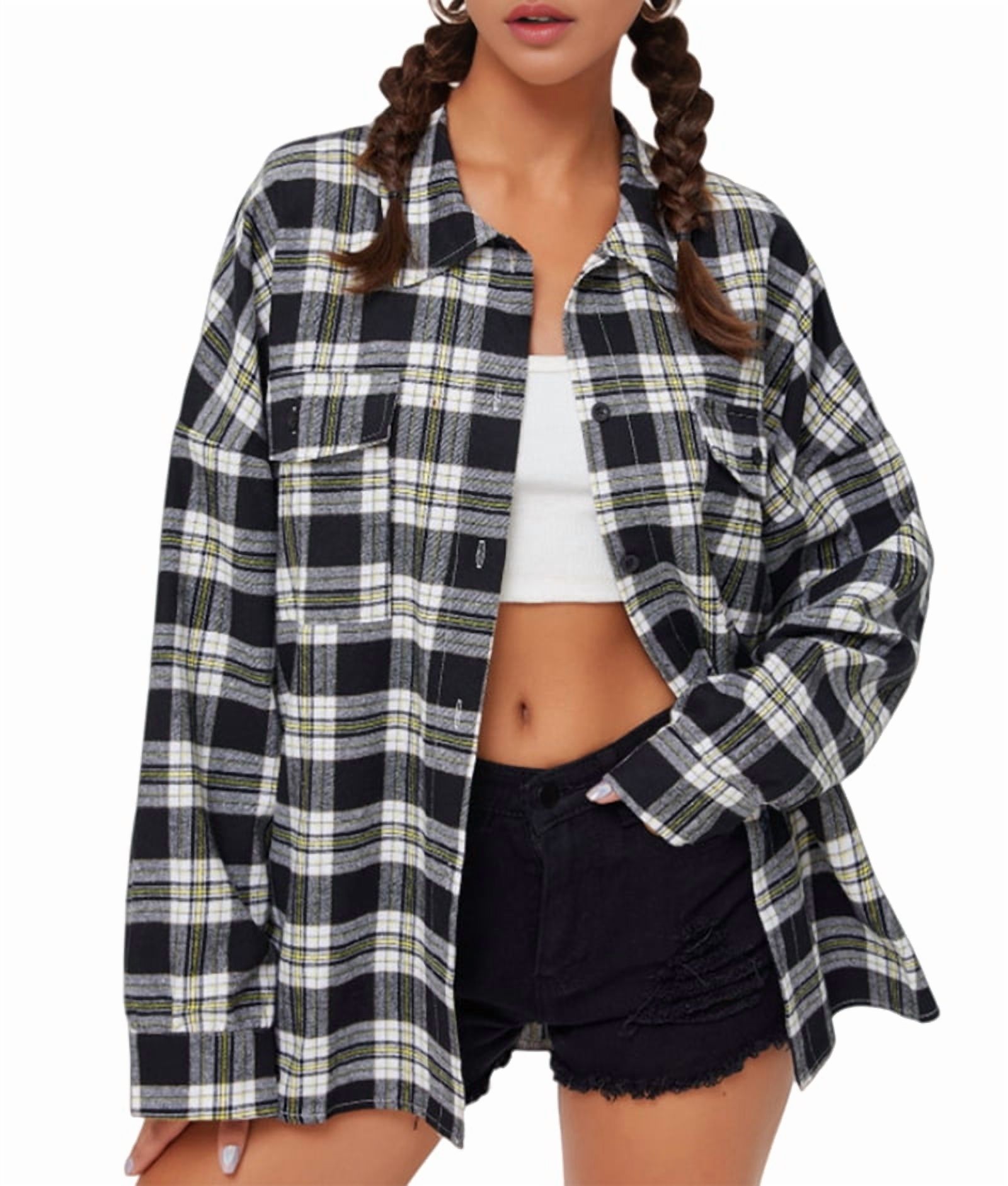 JennsThreads Women's Oversized Plaid Flannel Shirt in Gray, view 2