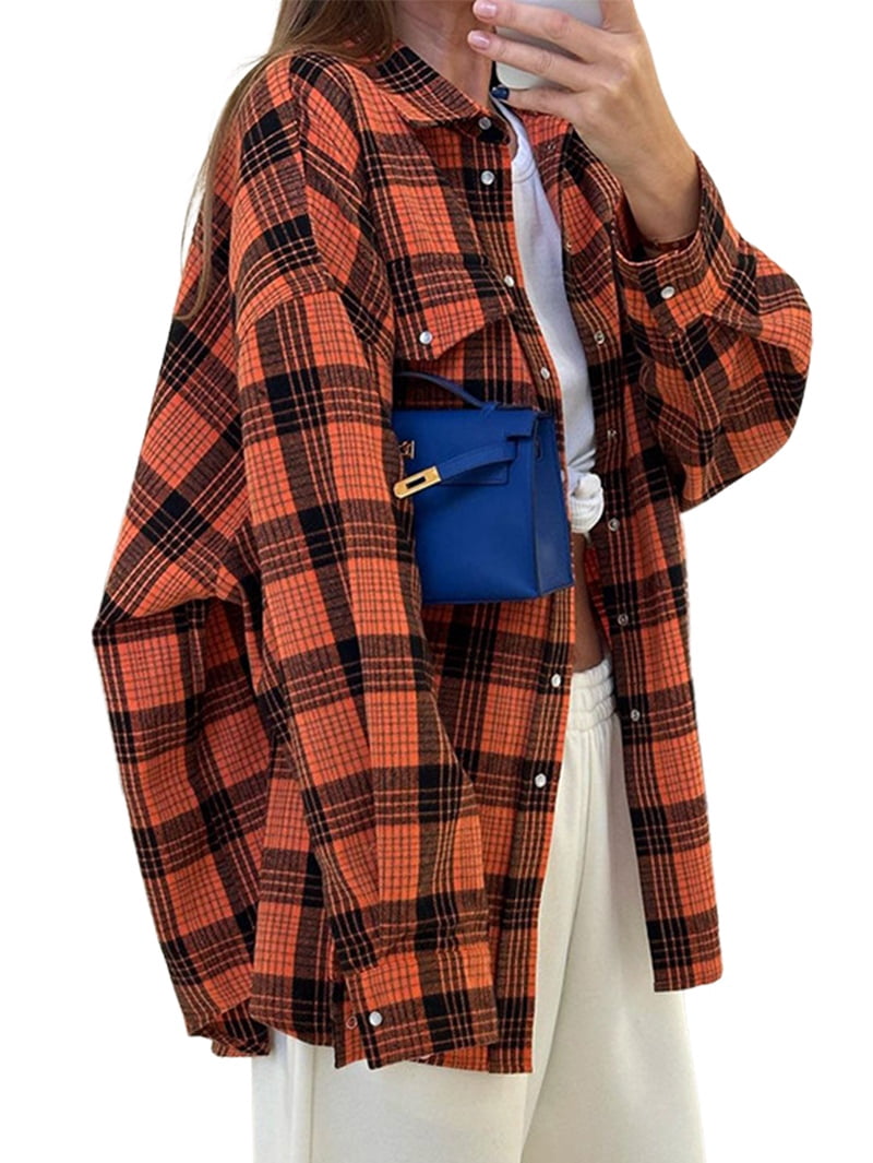 JennsThreads Women's Plaid Shirt with Roll Tab Sleeves in Orange