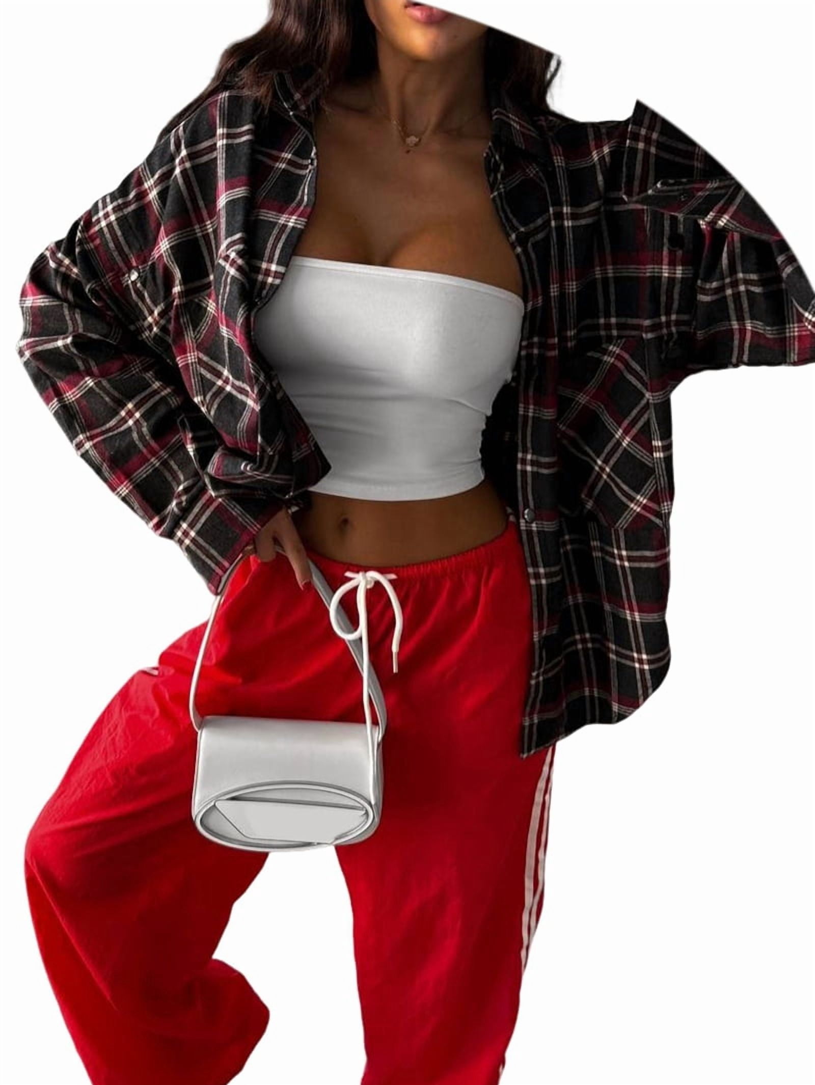JennsThreads Women's Oversized Plaid Flannel Shirt in Black and Red