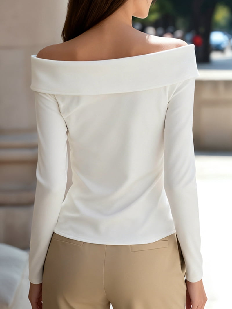 JennsThreads Women's Fold Over V Neck Off the Shoulder Top in White, view 5