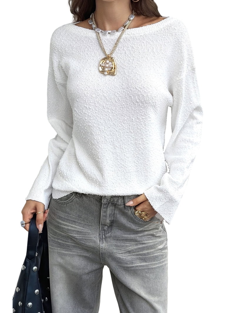 JennsThreads Women's Off the Shoulder Textured Knit Top in White, view 2