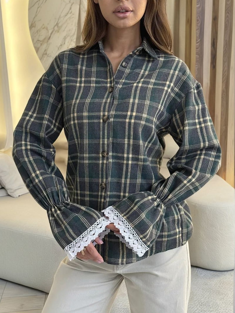 JennsThreads Women's Plaid Shirt with Lace Flared Cuffs in Olive Green, view 6