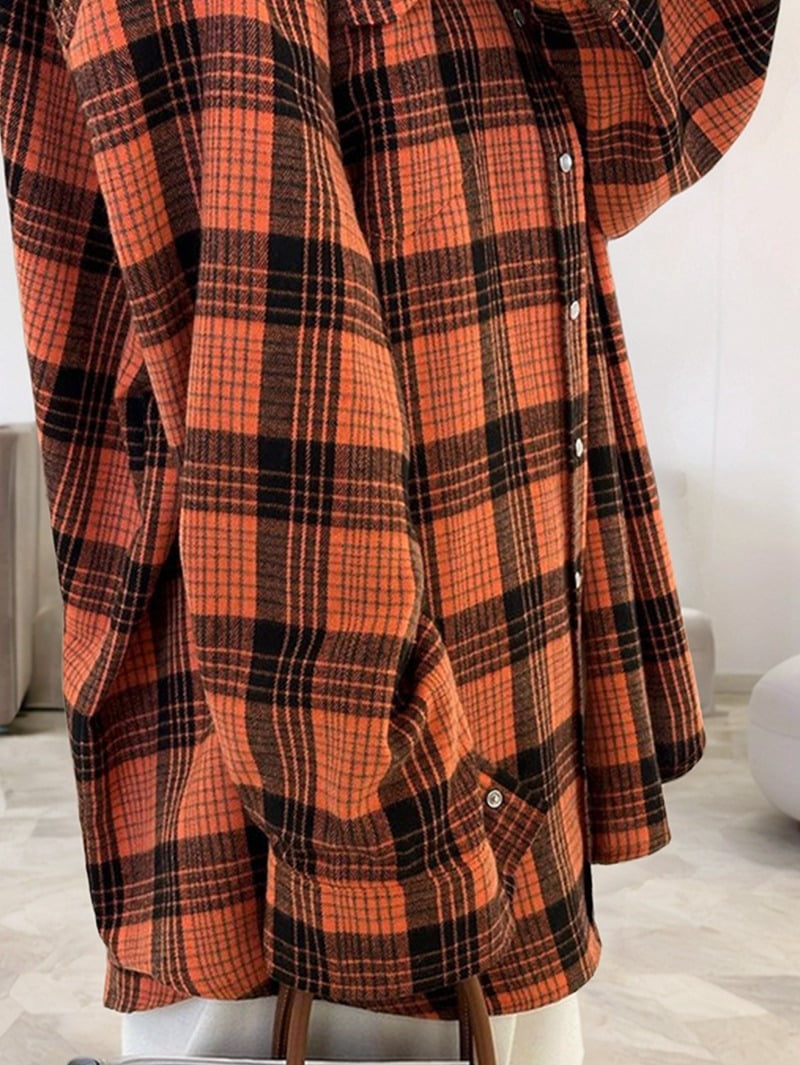JennsThreads Women's Plaid Shirt with Roll Tab Sleeves in Orange, view 7