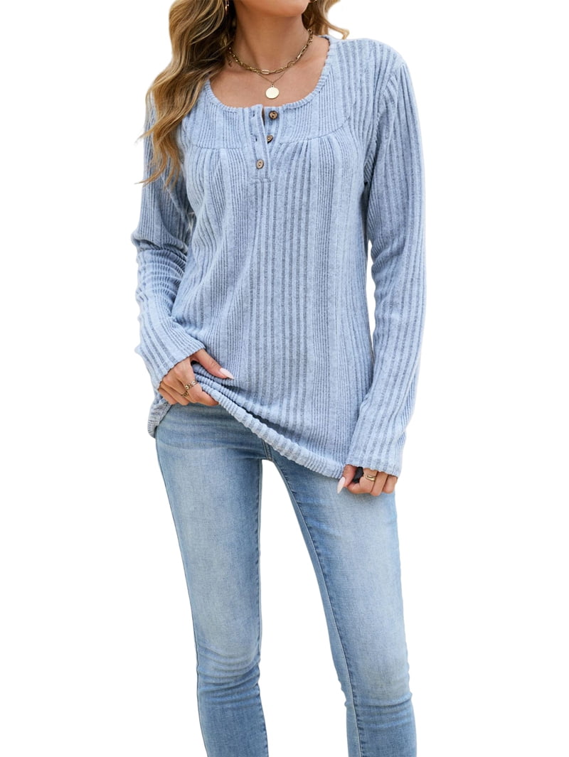 JennsThreads Women's Textured Knit Scoop Neck Henley Top in Light Blue, view 2