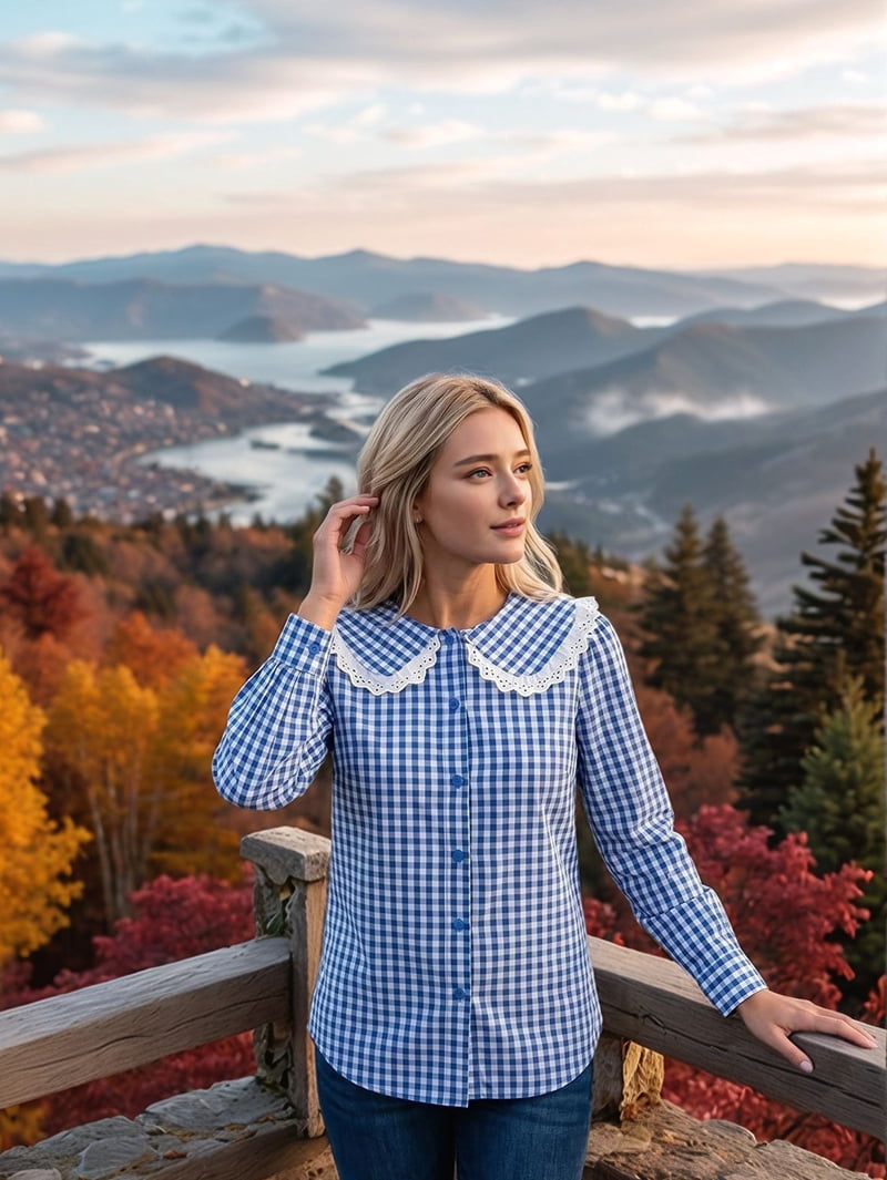 JennsThreads Women's Gingham Shirt with Lace Doll Collar in Blue, view 5