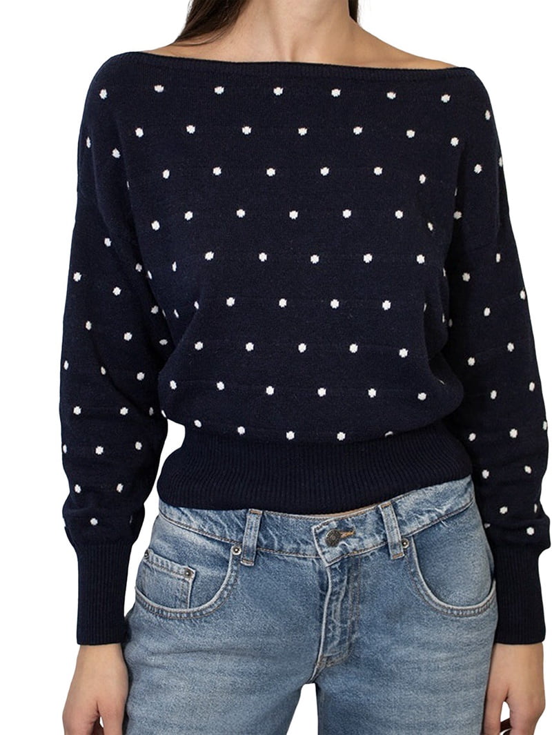 JennsThreads Women's Polka Dot Off the Shoulder Knit Pullover in Navy