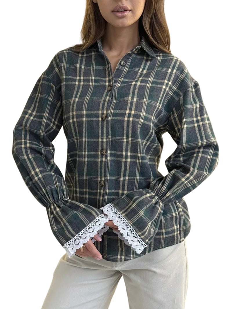 JennsThreads Women's Plaid Shirt with Lace Flared Cuffs in Olive Green