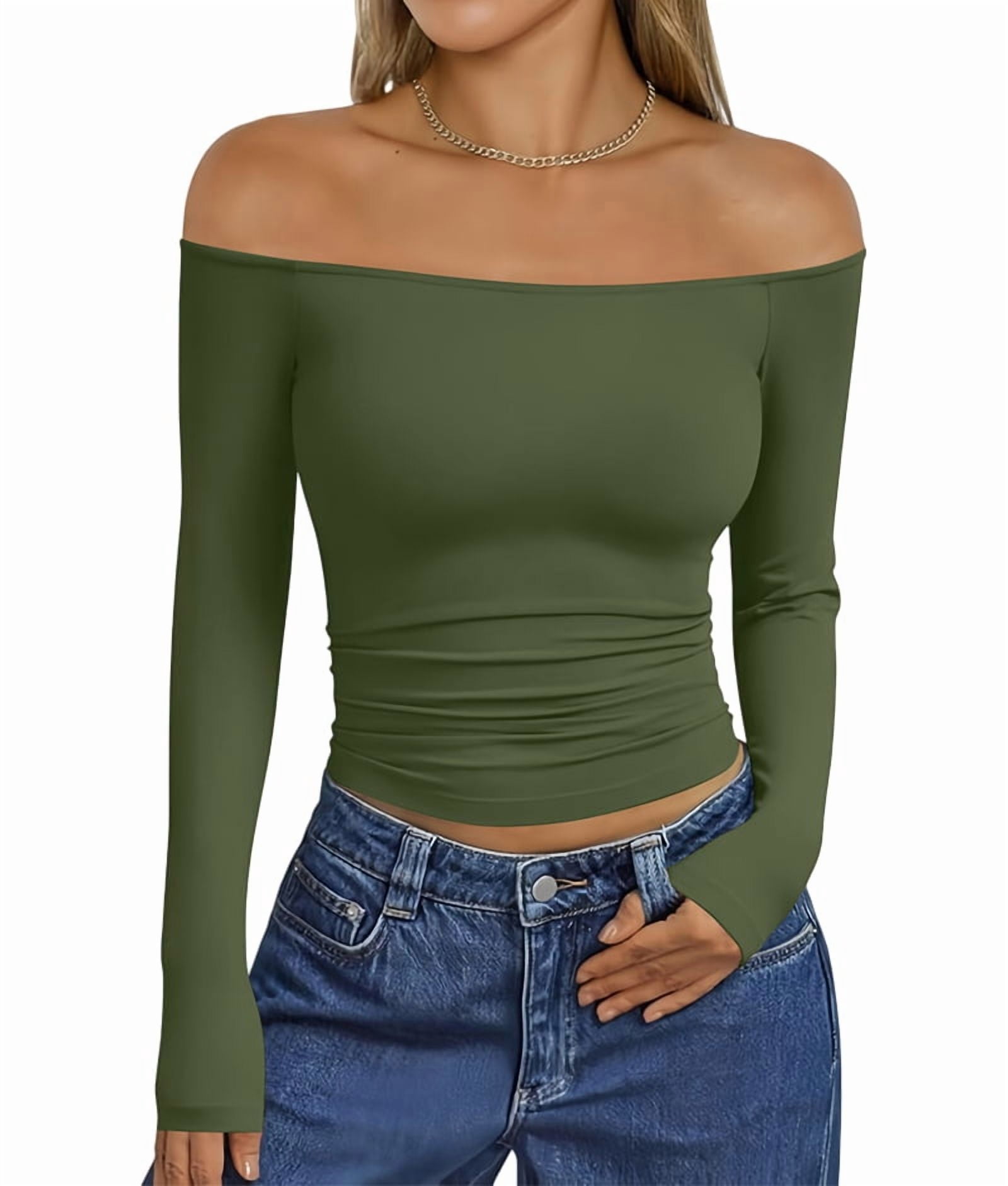 JennsThreads Women's Fitted Off the Shoulder Long Sleeve Top in Army Green