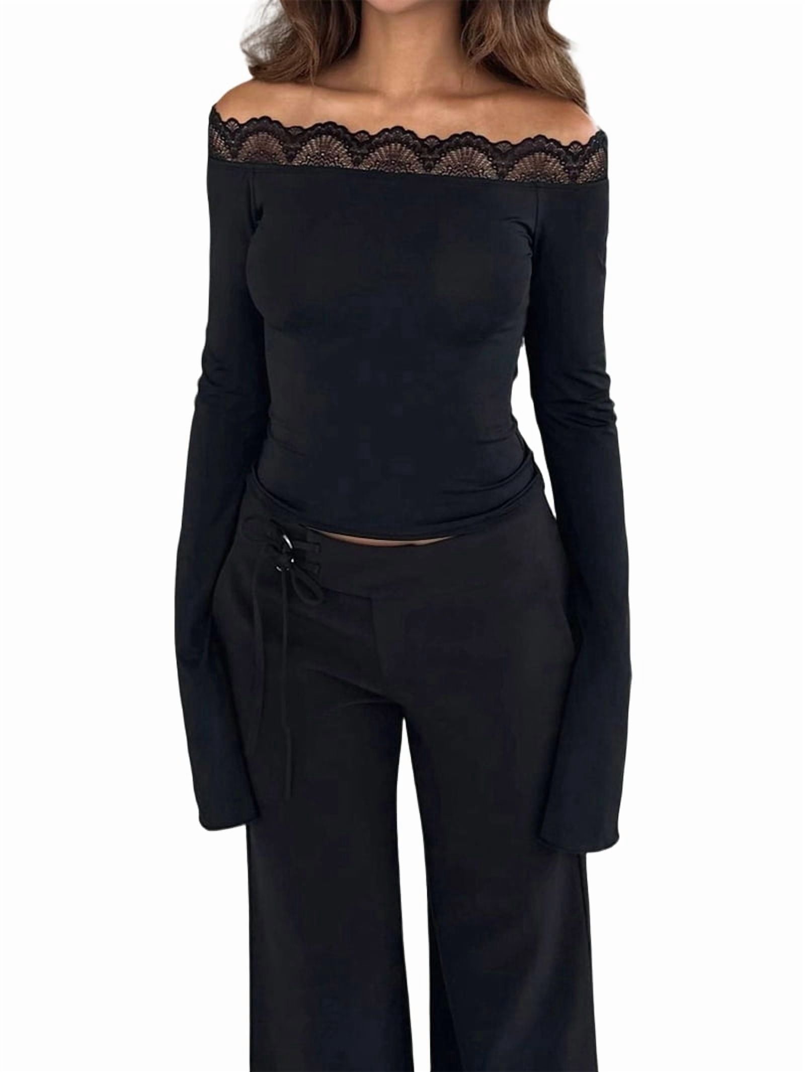 JennsThreads Women's Off the Shoulder Bell Sleeve Top with Lace Trim in Black, view 4