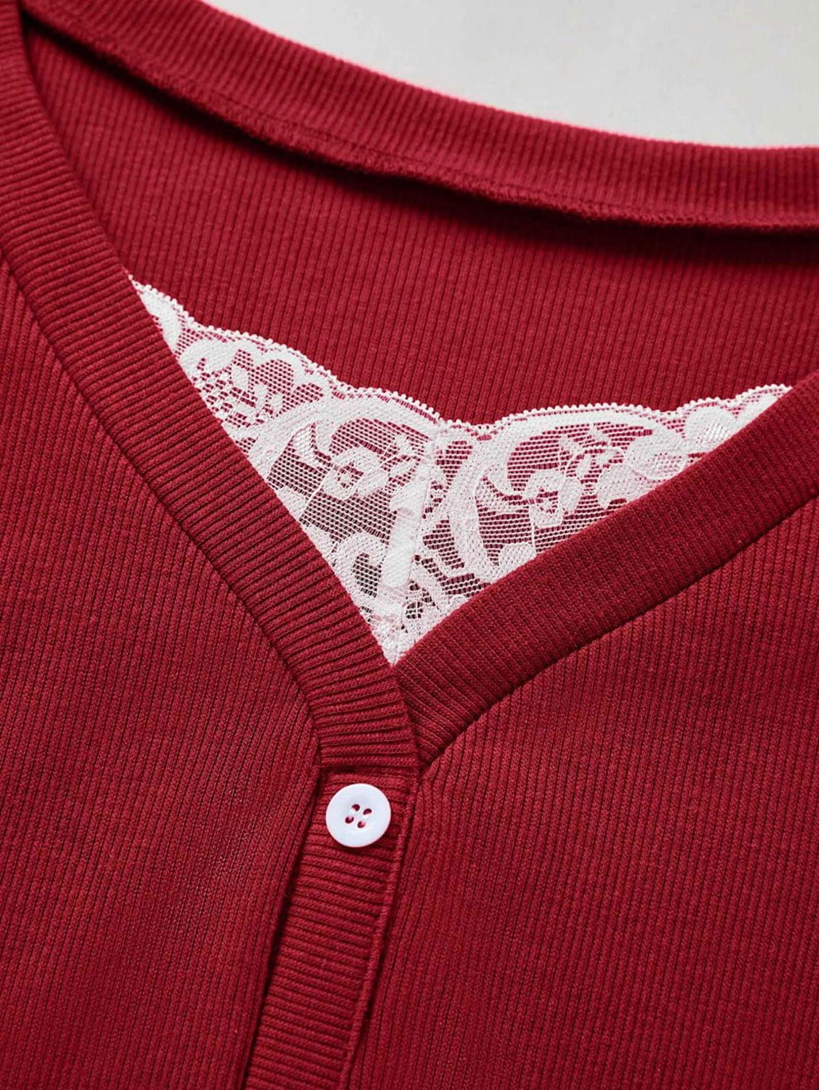 JennsThreads Women's Button Front Henley Top with Lace Trim in Red, view 5