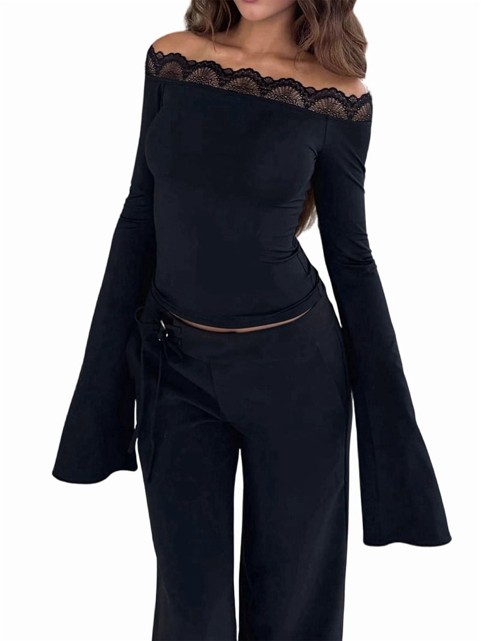 JennsThreads Women's Off the Shoulder Bell Sleeve Top with Lace Trim in Black