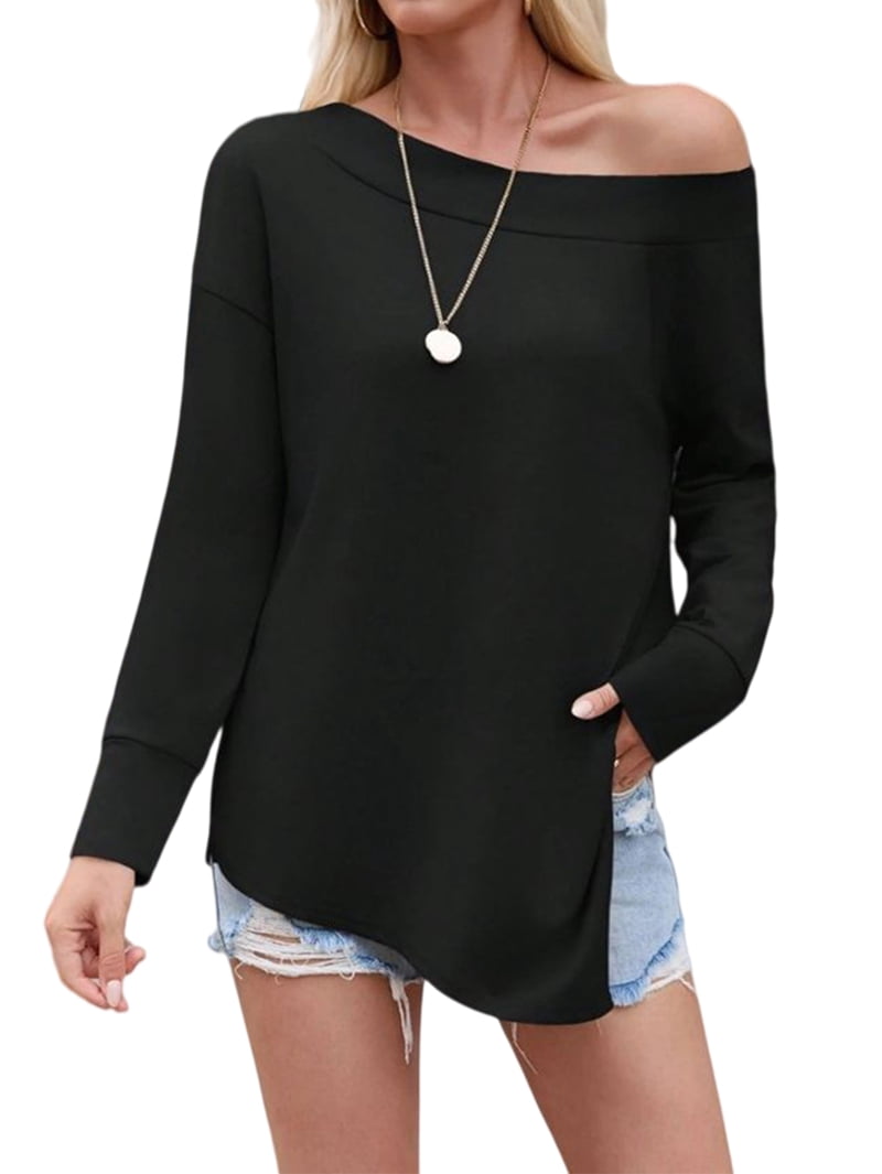 JennsThreads Women's Off the Shoulder Top with Asymmetric Hem in Black, view 3
