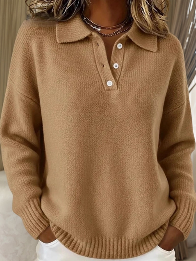 JennsThreads Women's Collared Half Button Henley Sweater in Khaki, view 3