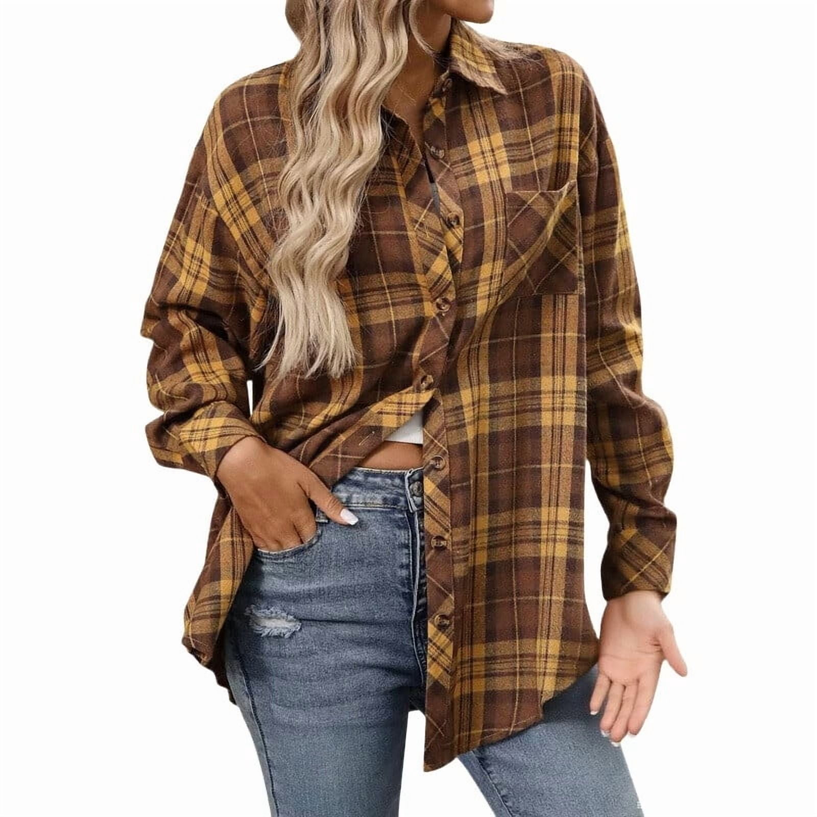 JennsThreads Women's Oversized Plaid Flannel Shirt in Mustard, view 2