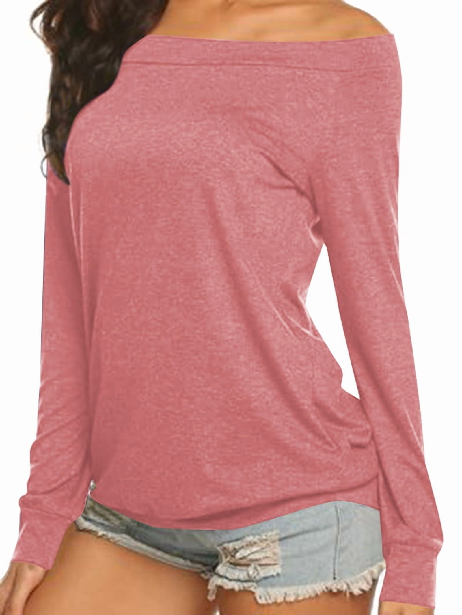 JennsThreads Women's Boat Neck Off the Shoulder Long Sleeve Tee in Pink, view 3