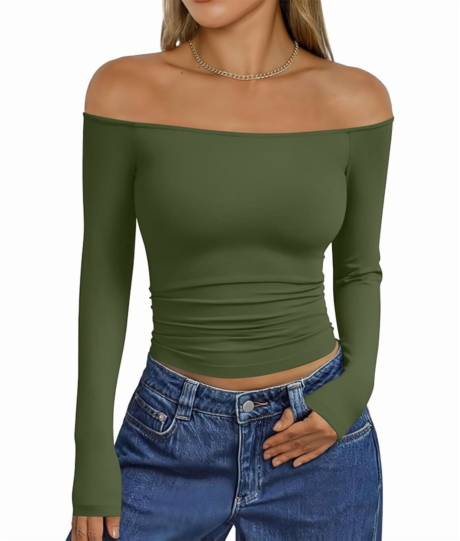 JennsThreads Women's Fitted Off the Shoulder Long Sleeve Top in Army Green, view 4