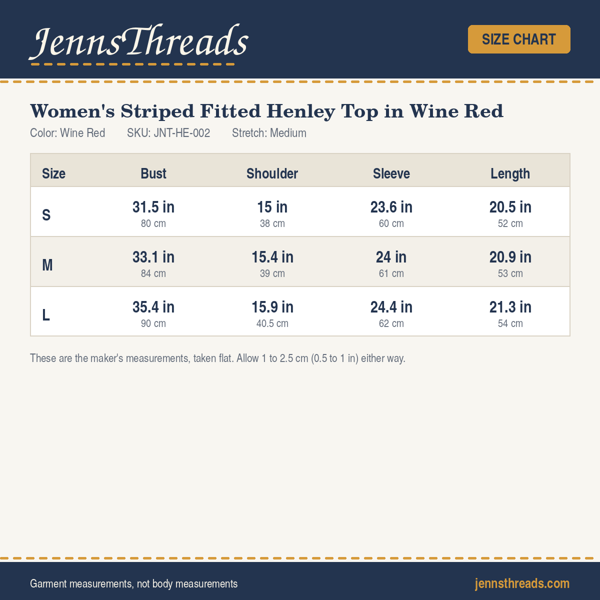 JennsThreads Women's Striped Fitted Henley Top in Wine Red size chart