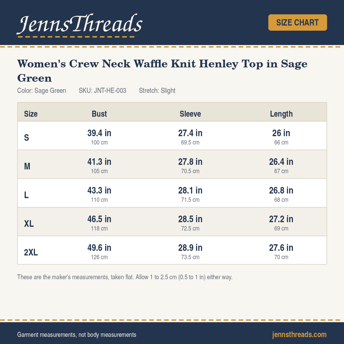 JennsThreads Women's Crew Neck Waffle Knit Henley Top in Sage Green size chart
