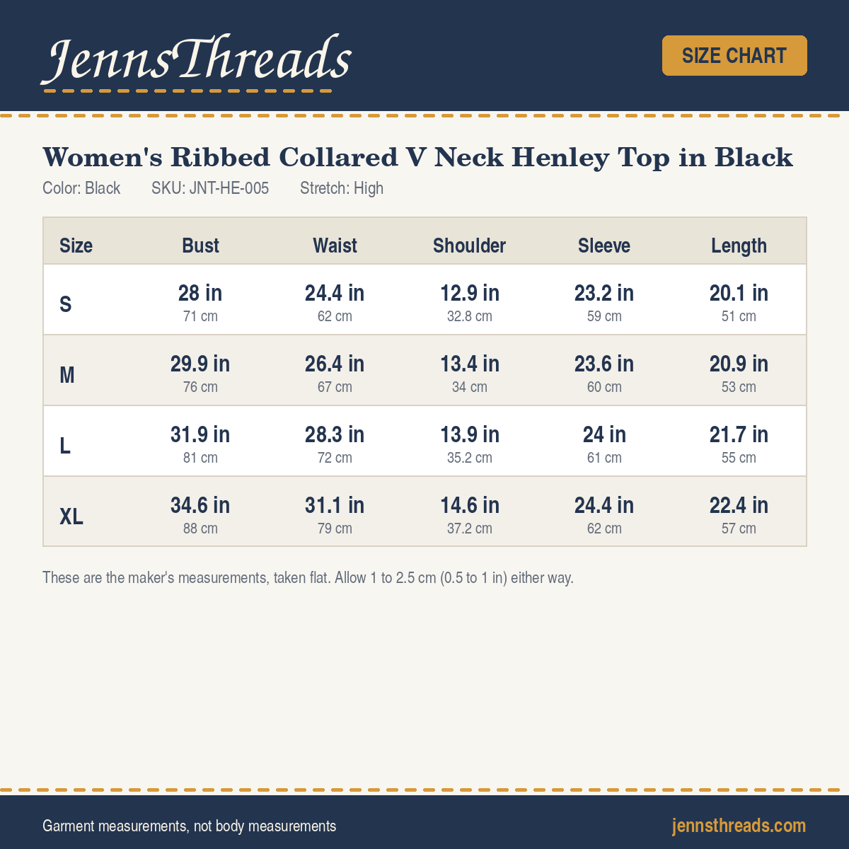JennsThreads Women's Ribbed Collared V Neck Henley Top in Black size chart