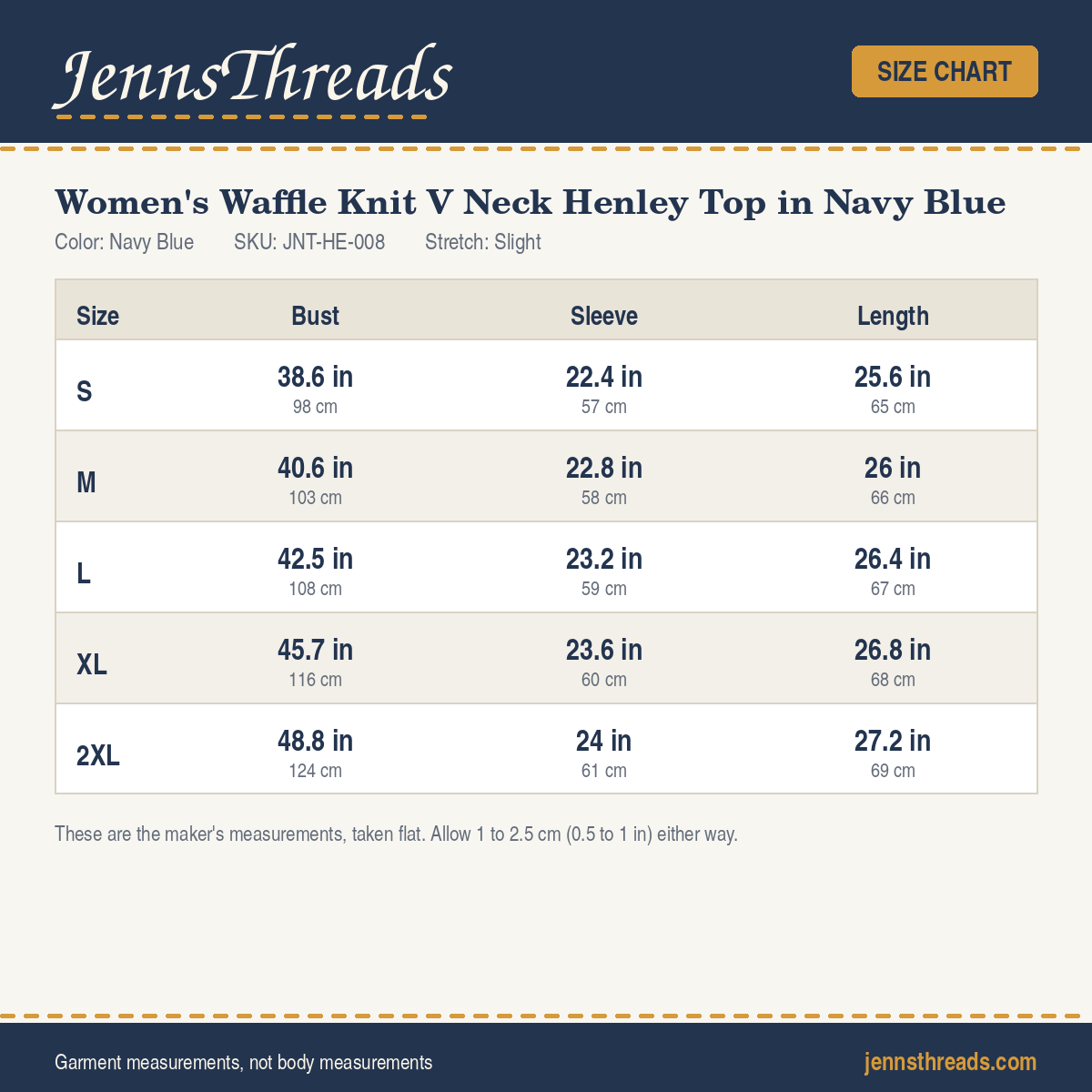 JennsThreads Women's Waffle Knit V Neck Henley Top in Navy Blue size chart