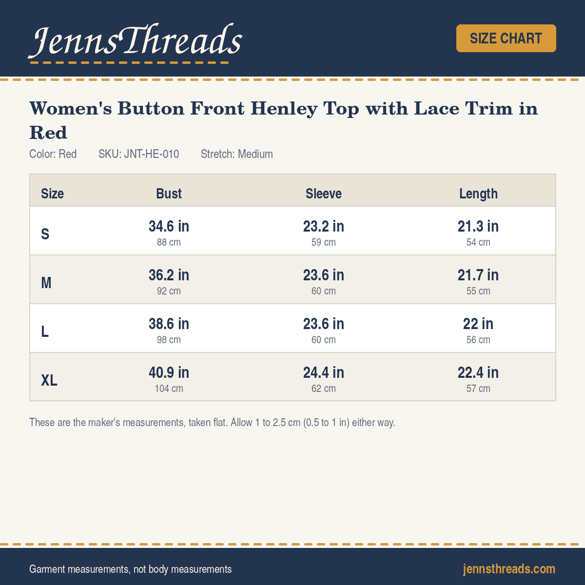 JennsThreads Women's Button Front Henley Top with Lace Trim in Red size chart