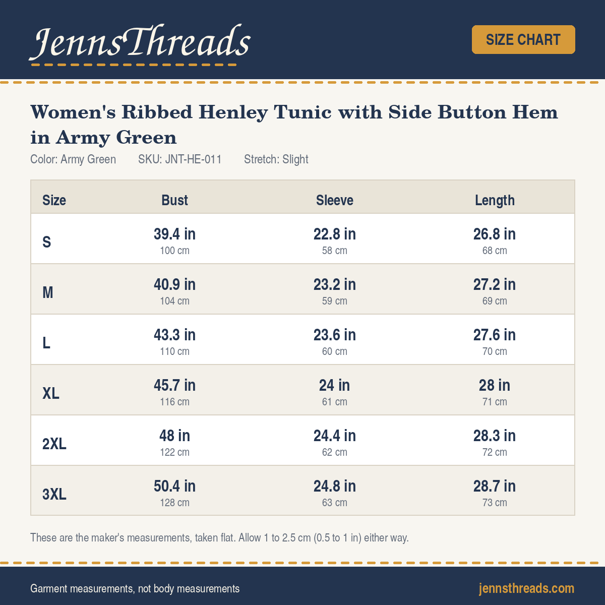 JennsThreads Women's Ribbed Henley Tunic with Side Button Hem in Army Green size chart
