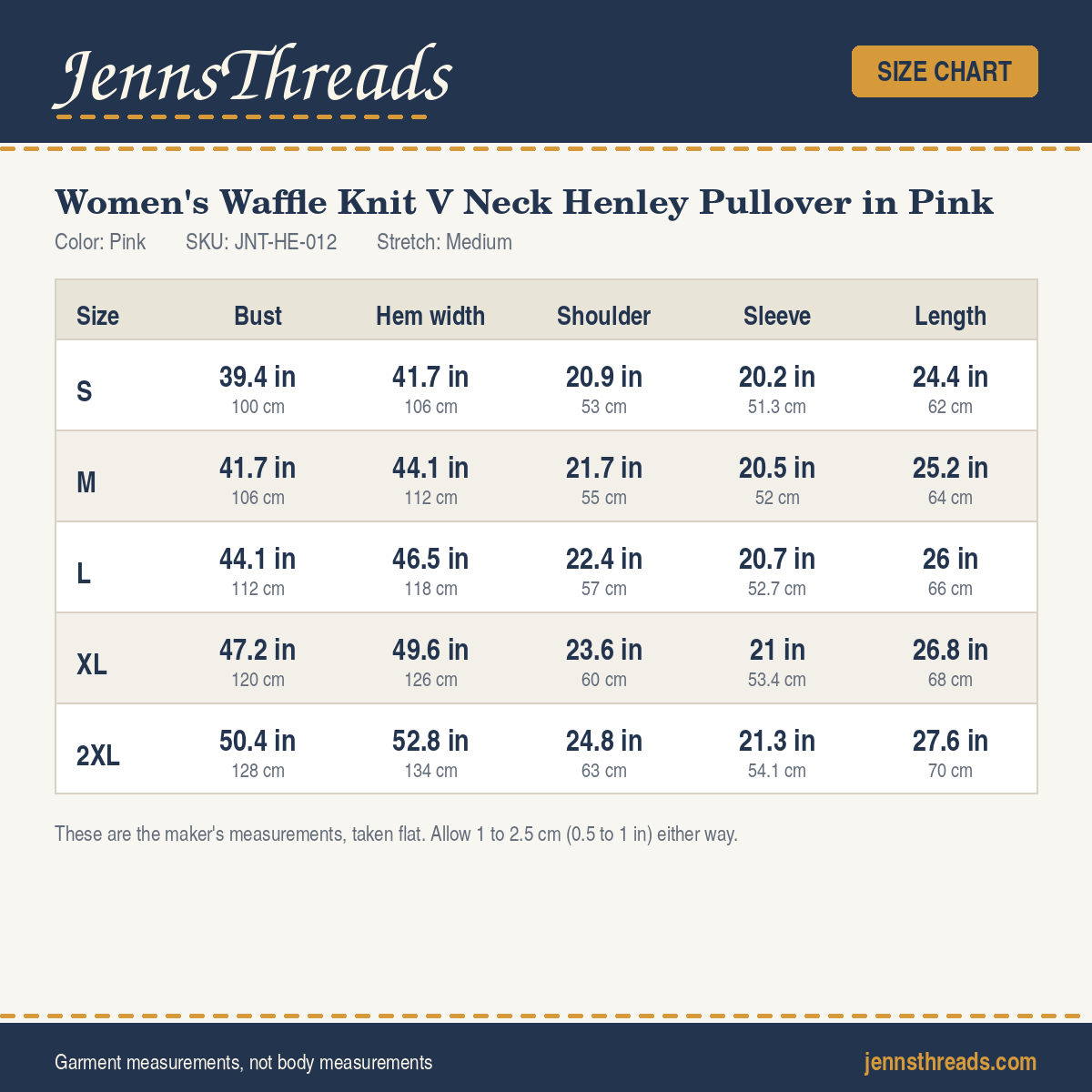 JennsThreads Women's Waffle Knit V Neck Henley Pullover in Pink size chart